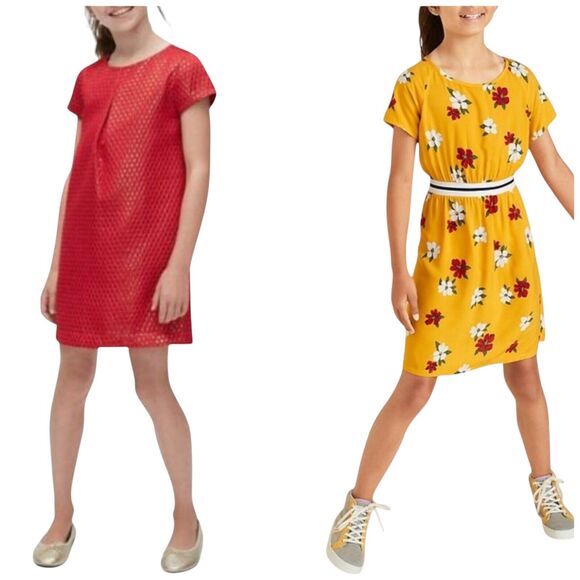 Gap Kids Red Metallic Pleated Jacquard Dot Party Dress/Old Navy Floral Dress M-8 - Picture 1 of 9